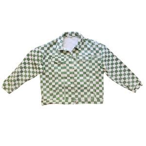 Green and white checkered denim jean jacket size large